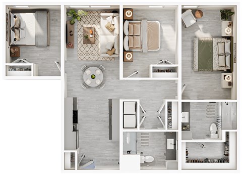 A series of images showing different layouts of a modern, minimalist apartment.